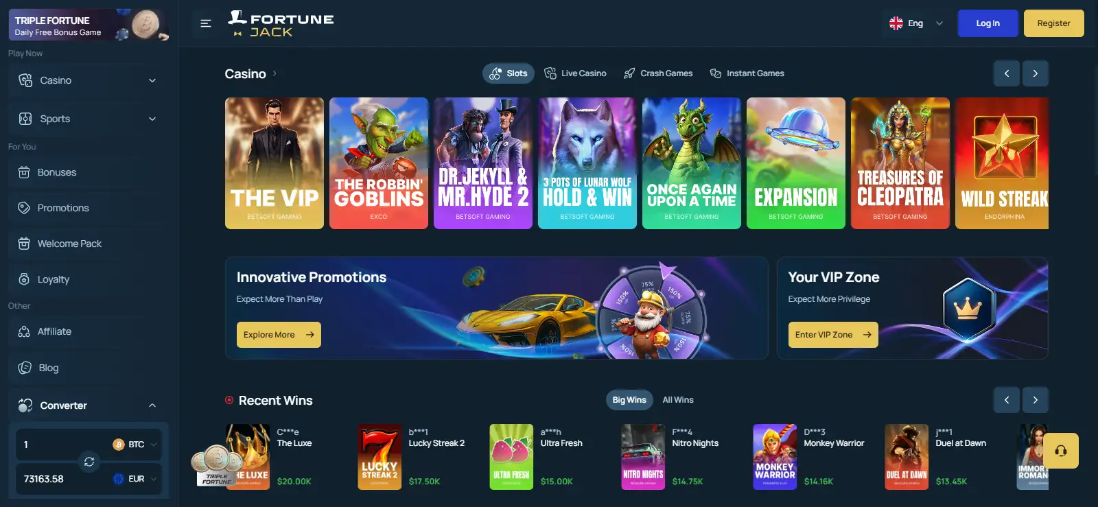 FortuneJack homepage with casino navigation and game sections