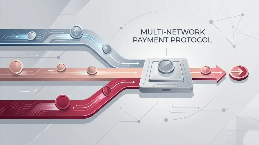 Crypto assets moving through several blockchain network paths