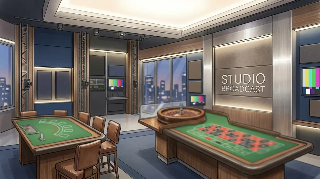 Live casino studio with table layouts, card surfaces and wheel elements